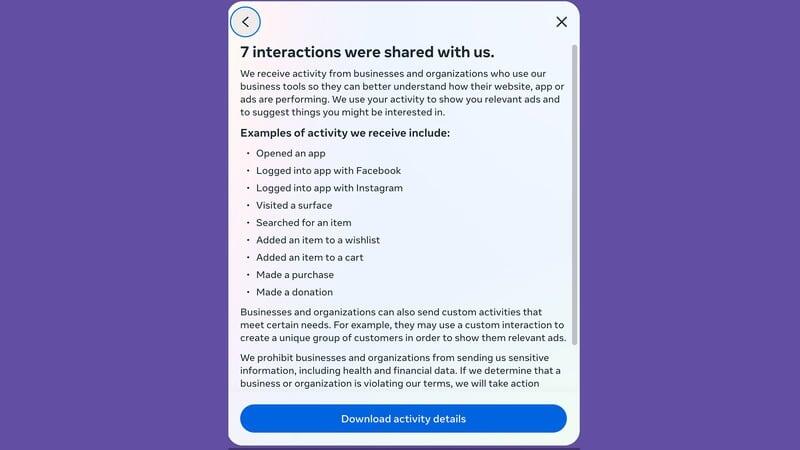 تفسّر ميتا ماهية بيانات الطرف الثالث بطريقة واضحة، لكن تذكّر أن هذه القائمة ليست تفصيلية؛ إذ إنها تتضمن الأمثلة فقط. صورة الشاشة: إنستغرام