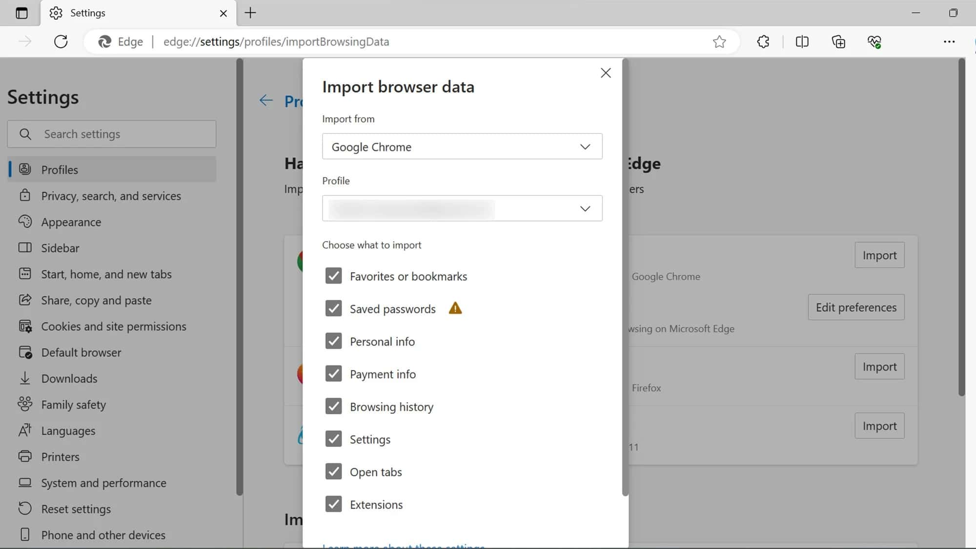 يوفّر لك متصفح إيدج العدد الأكبر من الخيارات عندما يتعلق الأمر بالبيانات التي يمكنك استيرادها من متصفح كروم. صورة الشاشة: مايكروسوفت إيدج