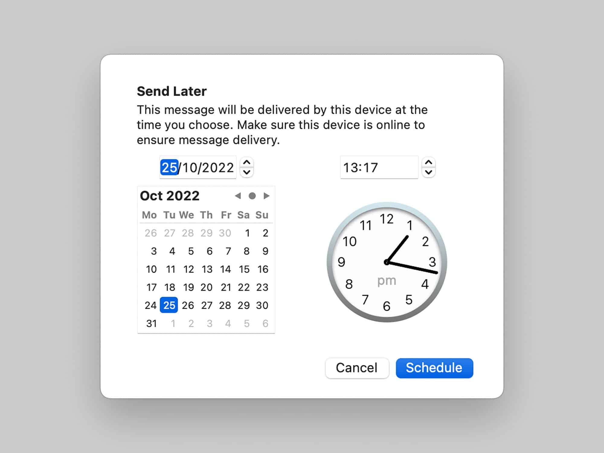 ميزة الإرسال لاحقاً في تطبيق بريد آبل الموجودة في نظام ماك أو إس فينتورا تعرض تقويماً وتوقيتاً لجدولة رسائل البريد الإلكتروني.