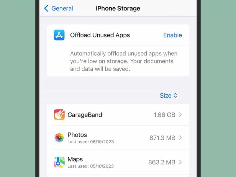 يمكنك تفعيل ميزة تفريغ التطبيقات التلقائية وإلغاء تفعيلها في تطبيق إعدادات آيفون. صورة الشاشة: شركة آبل